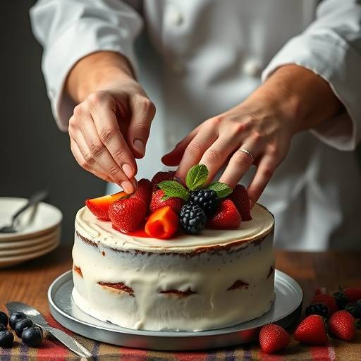 Video promocional de una pastelería artesanal mostrando la elaboración de un pastel. Las manos de un chef decorando cuidadosamente el pastel con frutas frescas.